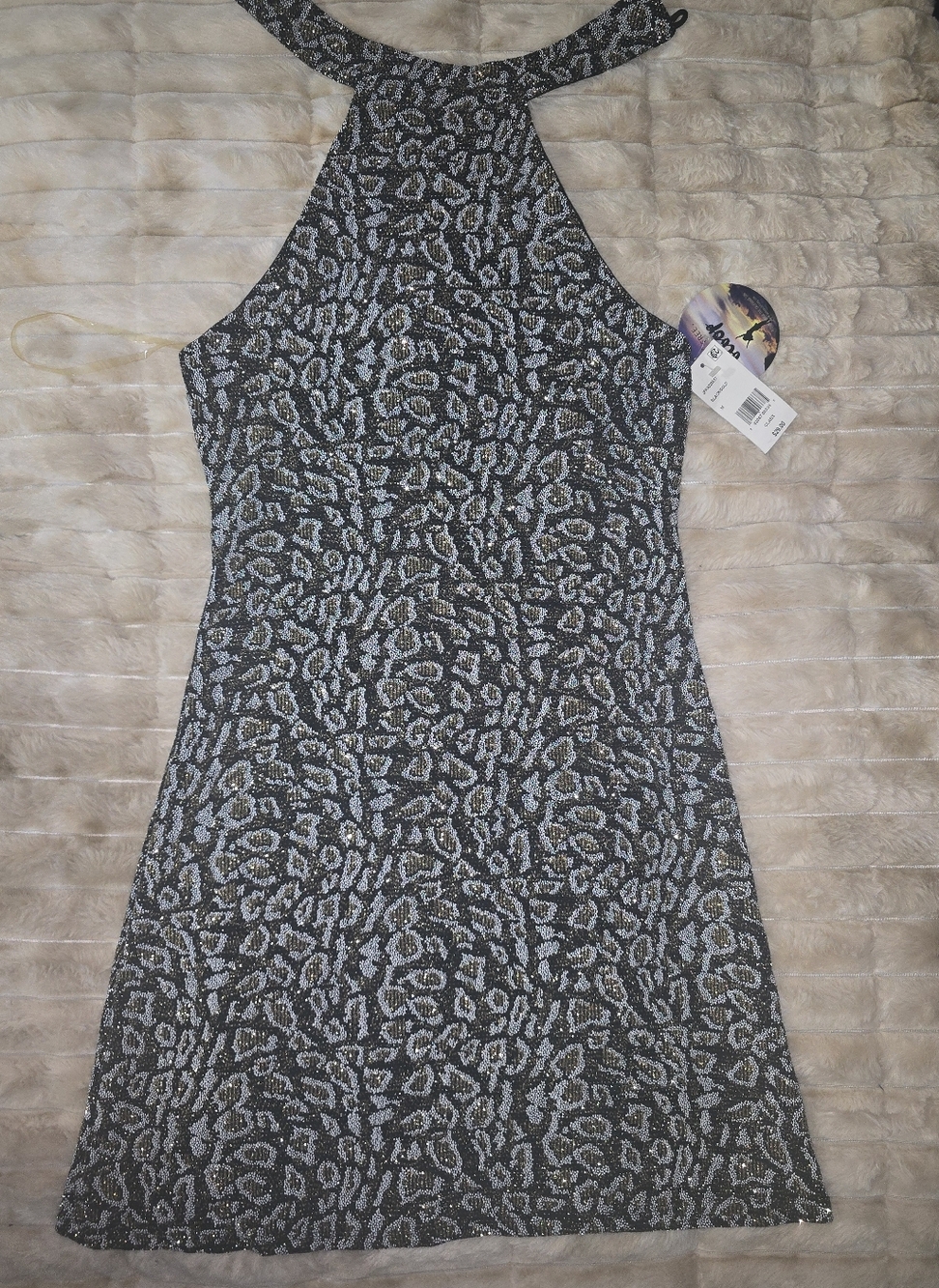 BeBop Metallic Leopard-Print Halter Mini Dress in Black and Silver